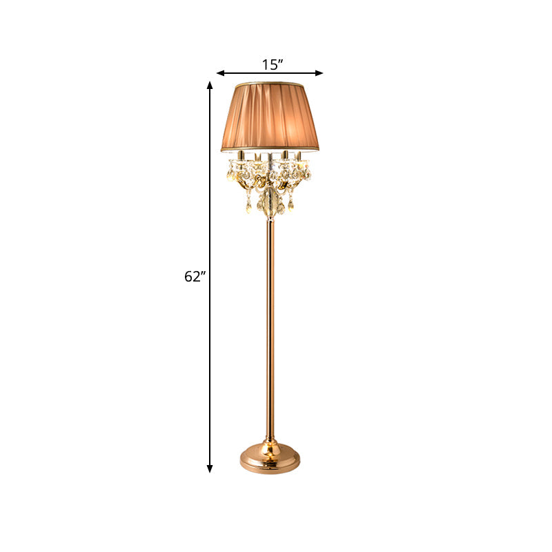 Traditional Crystal Raindrops Floor Lamp With Coffee Pleated Shade - Gold Finish