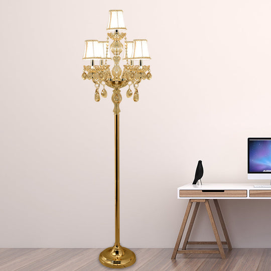 Traditional Clear Crystal Candlestick Floor Lamp With White Shade - Gold Standing Light