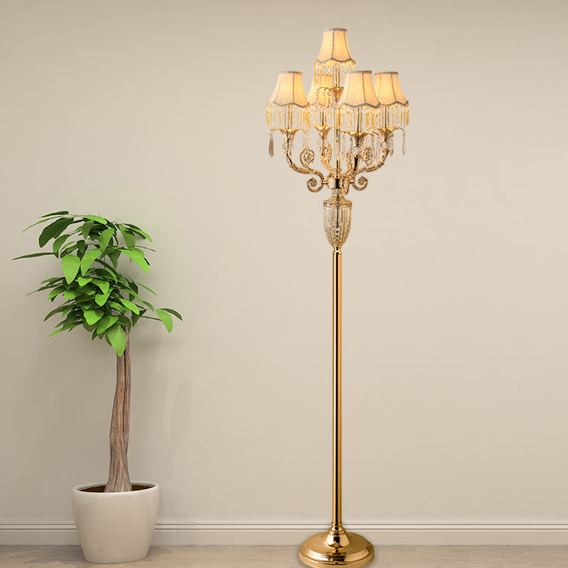 Traditional Gold Candelabra Floor Lamp With 5 Heads Clear Crystal Stand And Flared Shade