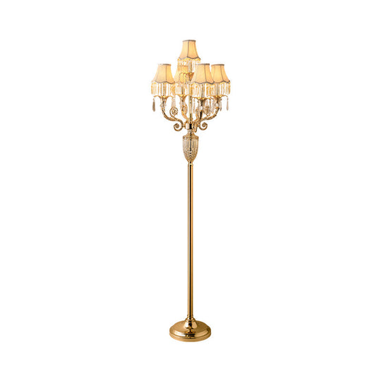 Traditional Gold Candelabra Floor Lamp With 5 Heads Clear Crystal Stand And Flared Shade