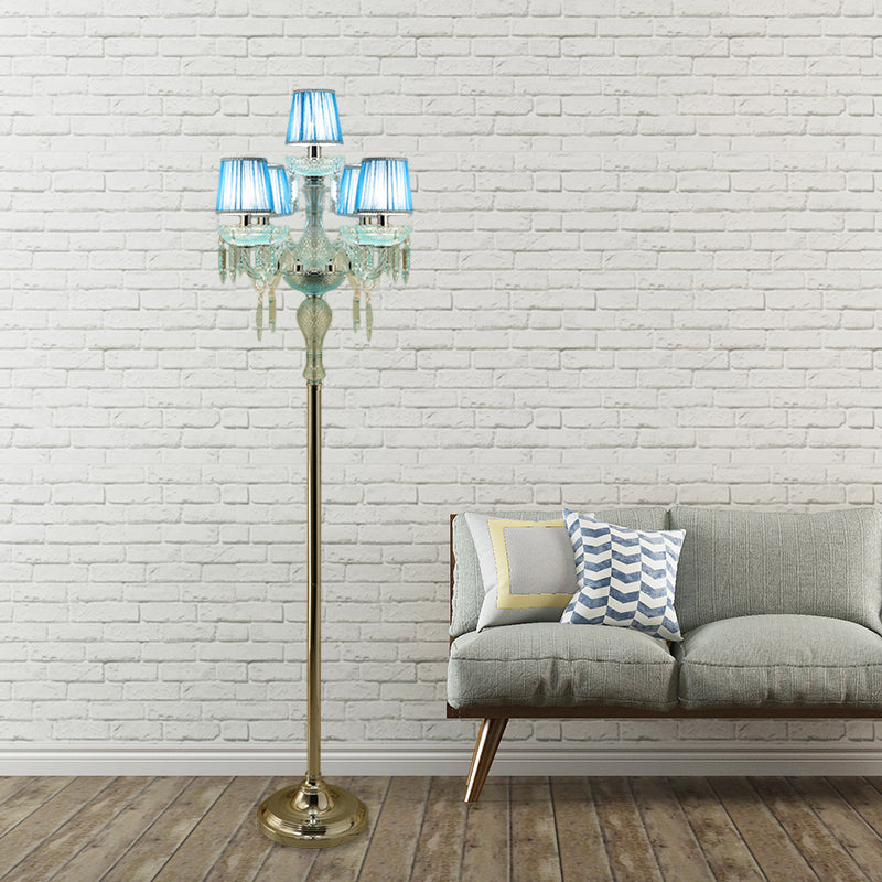5/6/7-Bulb Traditional Crystal Candelabra Floor Lamp In Blue With Pleated Shade 5 /