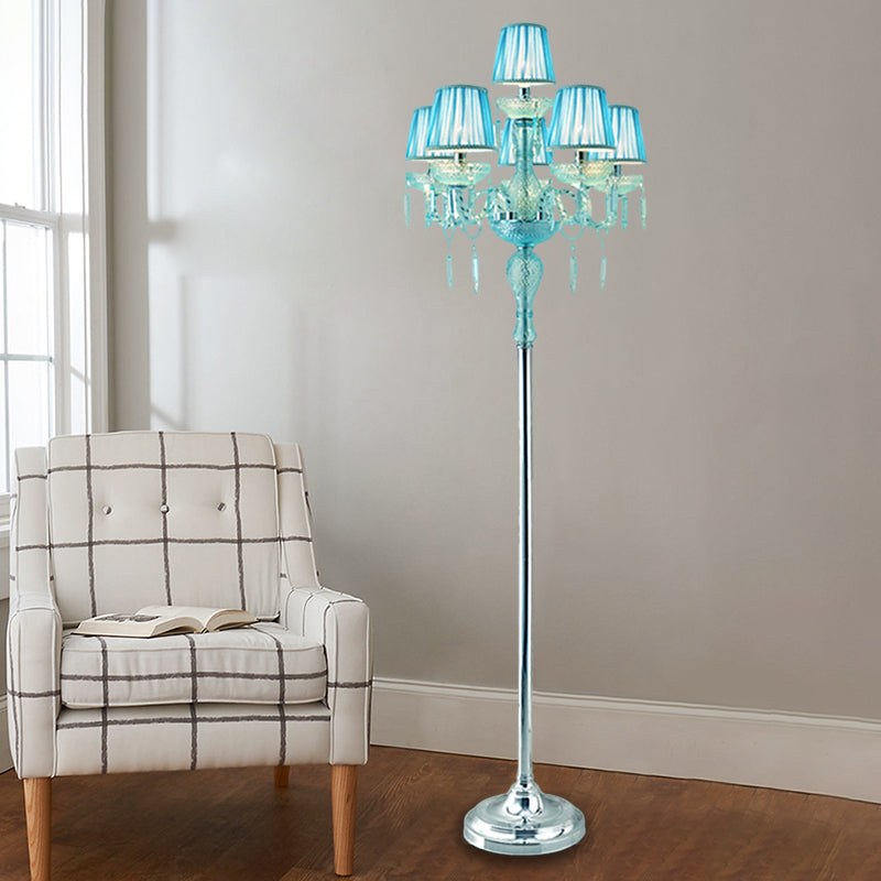 5/6/7-Bulb Traditional Crystal Candelabra Floor Lamp In Blue With Pleated Shade 6 /