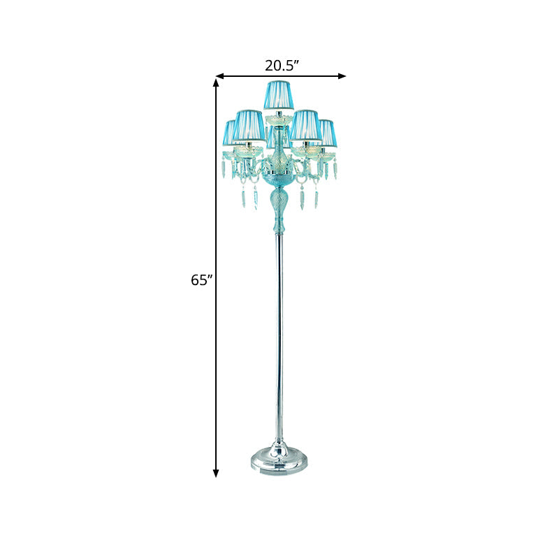 5/6/7-Bulb Traditional Crystal Candelabra Floor Lamp In Blue With Pleated Shade