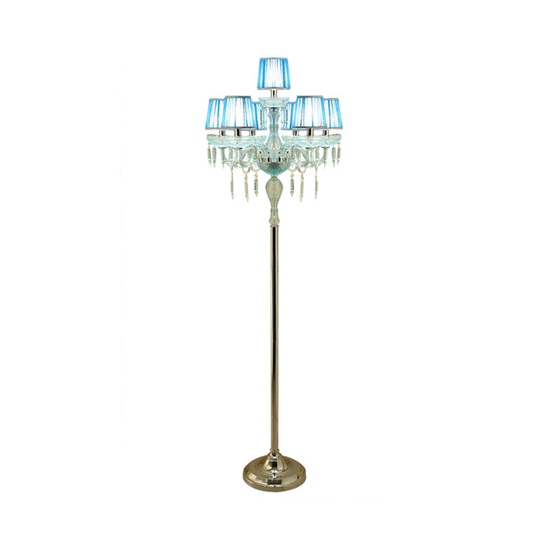 5/6/7-Bulb Traditional Crystal Candelabra Floor Lamp In Blue With Pleated Shade