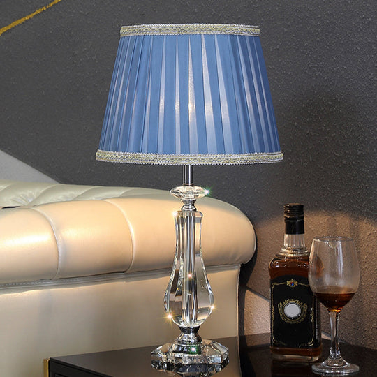 Flared/Pleated Shade Table Light: Traditional Beige/Burgundy/Sky Blue Fabric Nightstand Lamp With