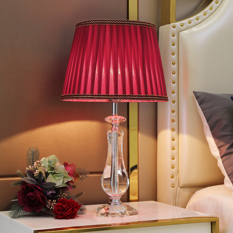 Flared/Pleated Shade Table Light: Traditional Beige/Burgundy/Sky Blue Fabric Nightstand Lamp With