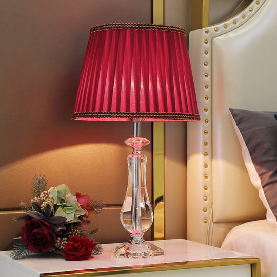 Flared/Pleated Shade Table Light: Traditional Beige/Burgundy/Sky Blue Fabric Nightstand Lamp With