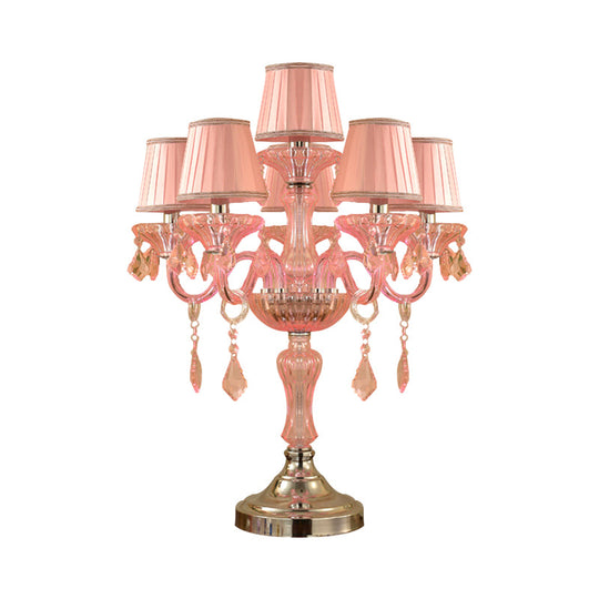 Traditional Crystal Spears Nightstand Lamp - Pink Candle Table Light With Pleated Fabric Shade And