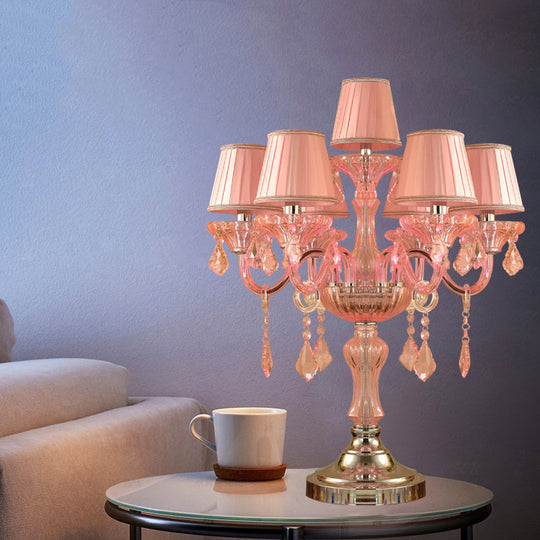 Traditional Crystal Spears Nightstand Lamp - Pink Candle Table Light With Pleated Fabric Shade And