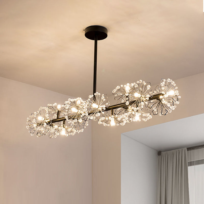 Modern Black/Gold Floral Island Pendant With 16-Head Crystal Design - Hanging Ceiling Light Fixture