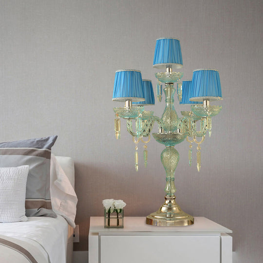 Traditional Crystal Blue Nightstand Lamp With Fabric Shade - Sleep In Style 5/6/7 Bulb Candlestick