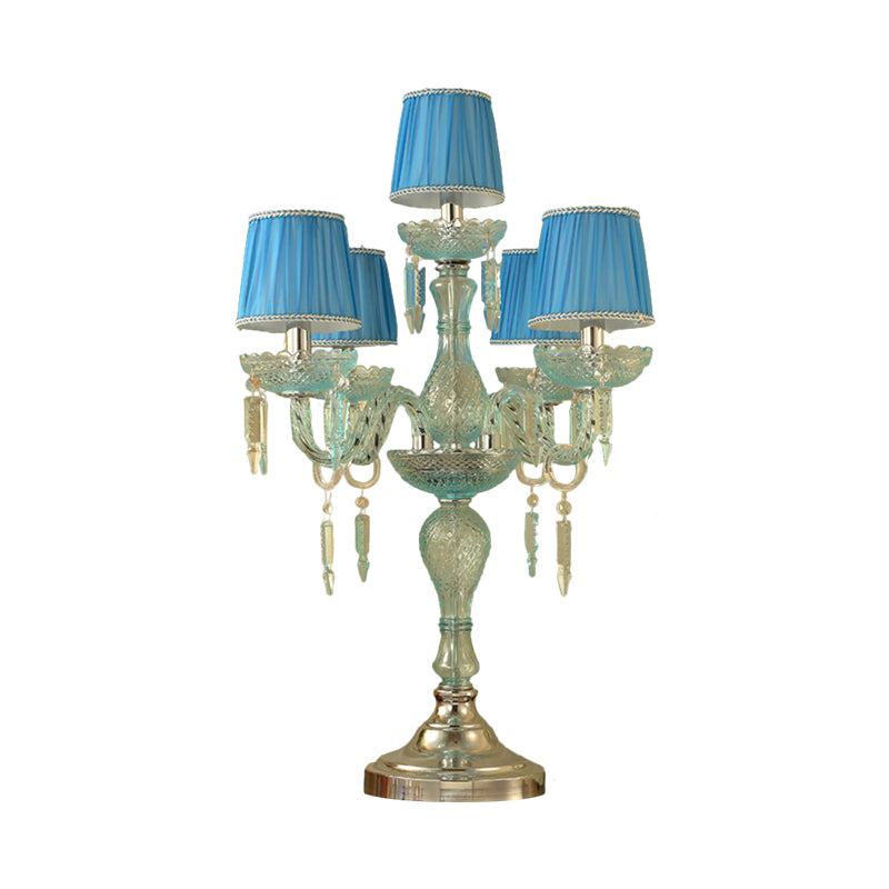 Traditional Crystal Blue Nightstand Lamp With Fabric Shade - Sleep In Style 5/6/7 Bulb Candlestick