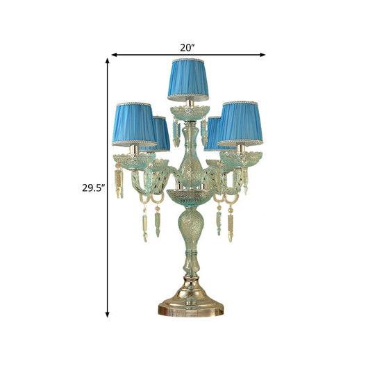 Traditional Crystal Blue Nightstand Lamp With Fabric Shade - Sleep In Style 5/6/7 Bulb Candlestick