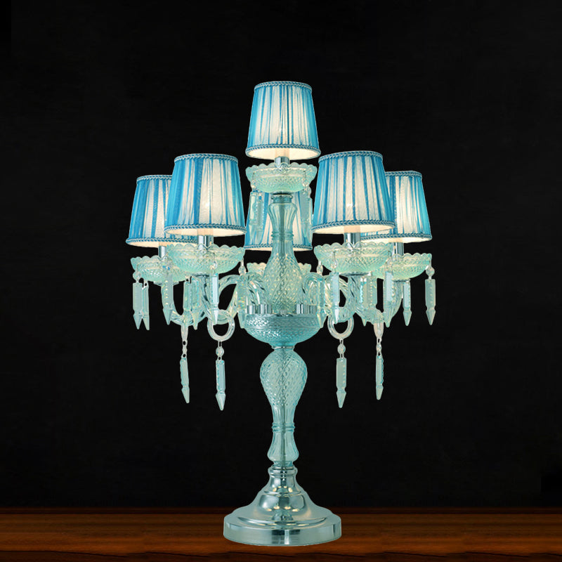 Traditional Crystal Blue Nightstand Lamp With Fabric Shade - Sleep In Style 5/6/7 Bulb Candlestick