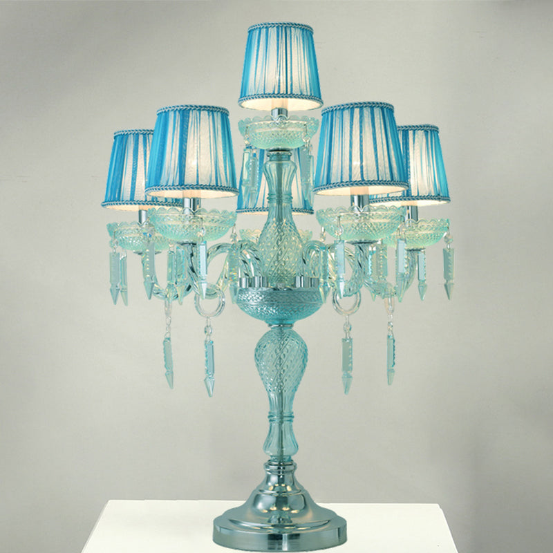 Traditional Crystal Blue Nightstand Lamp With Fabric Shade - Sleep In Style 5/6/7 Bulb Candlestick