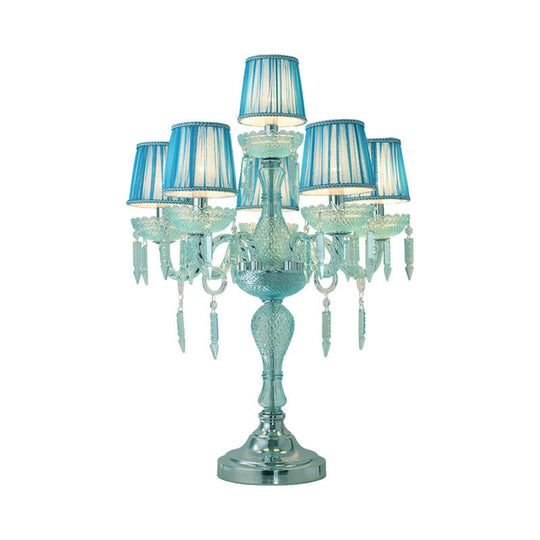 Traditional Crystal Blue Nightstand Lamp With Fabric Shade - Sleep In Style 5/6/7 Bulb Candlestick
