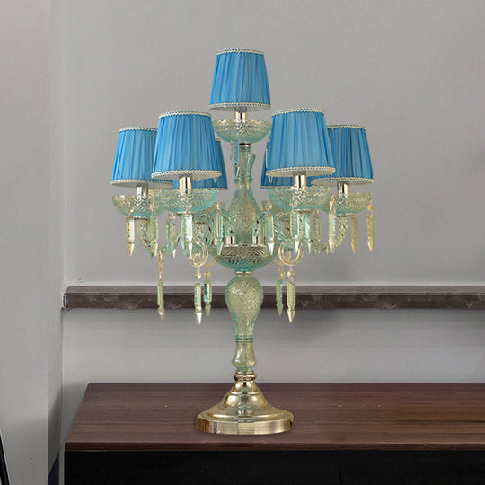 Traditional Crystal Blue Nightstand Lamp With Fabric Shade - Sleep In Style 5/6/7 Bulb Candlestick