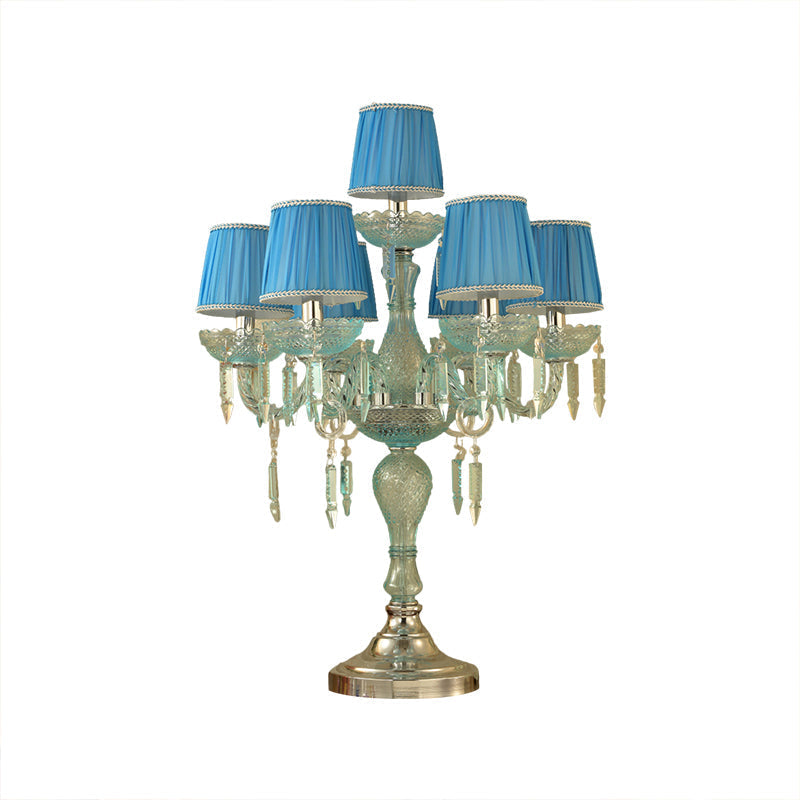 Traditional Crystal Blue Nightstand Lamp With Fabric Shade - Sleep In Style 5/6/7 Bulb Candlestick