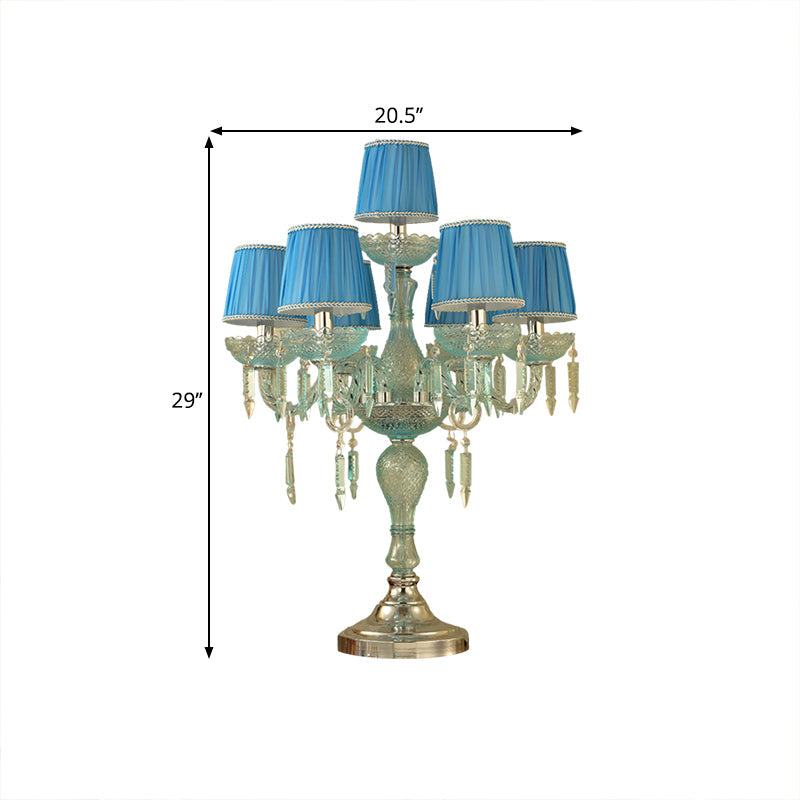Traditional Crystal Blue Nightstand Lamp With Fabric Shade - Sleep In Style 5/6/7 Bulb Candlestick