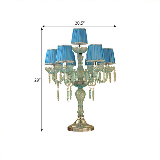 Traditional Crystal Blue Nightstand Lamp With Fabric Shade - Sleep In Style 5/6/7 Bulb Candlestick