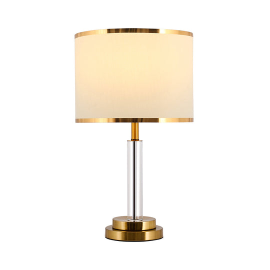 White Traditional Table Lamp With Crystal Lamp-Post And Fabric Shade - 1 Bulb Circular Nightstand