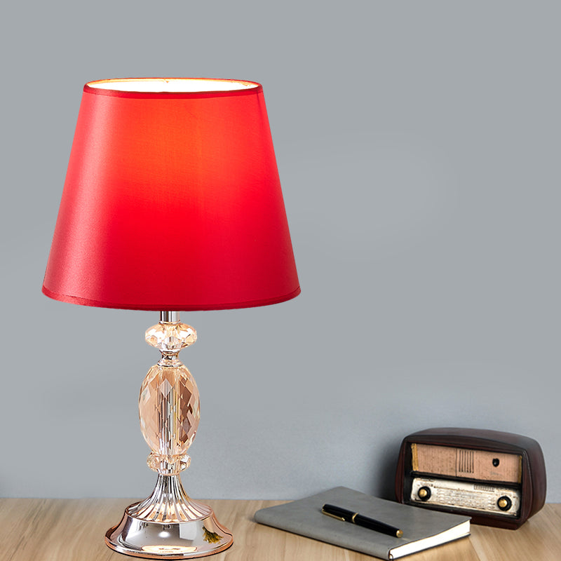 Traditional Red/Coffee/Flaxen Tapered Table Lamp With Fabric Shade And Beveled Crystal Blocks -