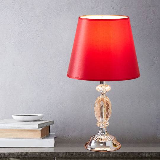 Traditional Red/Coffee/Flaxen Tapered Table Lamp With Fabric Shade And Beveled Crystal Blocks -