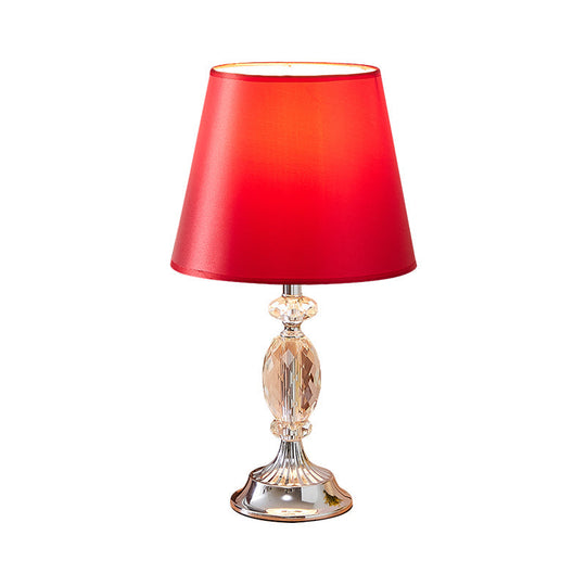 Traditional Red/Coffee/Flaxen Tapered Table Lamp With Fabric Shade And Beveled Crystal Blocks -