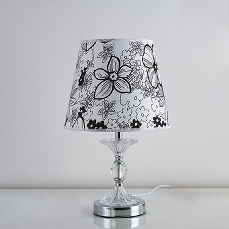 Silver Crystal Nightstand Lamp: Flower-Patterned Shade Fabric Table Light For Traditional Living