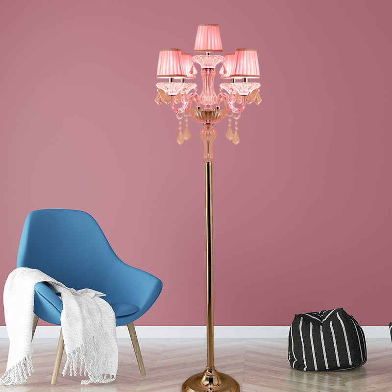 Pleated Lampshade Crystal Pink Floor Reading Lamp With Traditional Candlestick Design - 5/6/7-Head