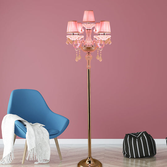 Pleated Lampshade Crystal Pink Floor Reading Lamp With Traditional Candlestick Design - 5/6/7-Head