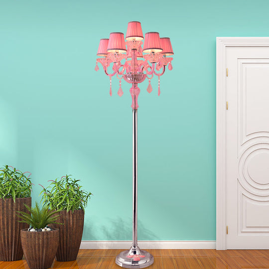 Pleated Lampshade Crystal Pink Floor Reading Lamp With Traditional Candlestick Design - 5/6/7-Head