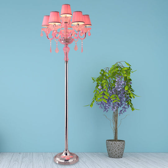 Pleated Lampshade Crystal Pink Floor Reading Lamp With Traditional Candlestick Design - 5/6/7-Head