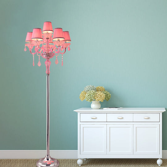 Pleated Lampshade Crystal Pink Floor Reading Lamp With Traditional Candlestick Design - 5/6/7-Head