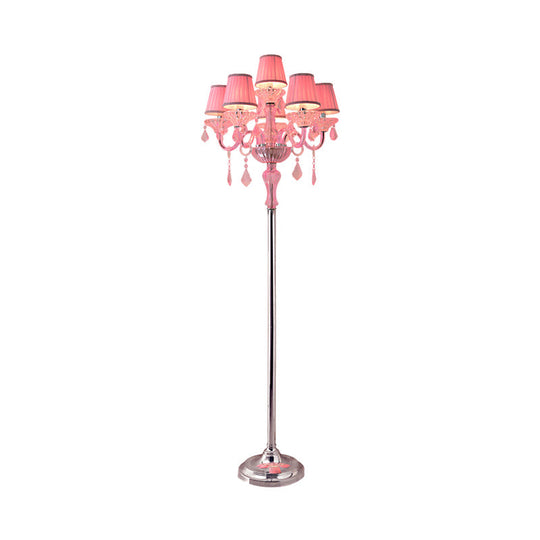 Pleated Lampshade Crystal Pink Floor Reading Lamp With Traditional Candlestick Design - 5/6/7-Head