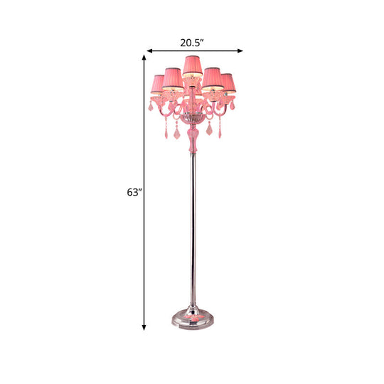 Pleated Lampshade Crystal Pink Floor Reading Lamp With Traditional Candlestick Design - 5/6/7-Head