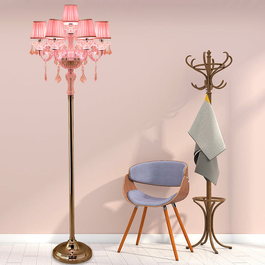 Pleated Lampshade Crystal Pink Floor Reading Lamp With Traditional Candlestick Design - 5/6/7-Head