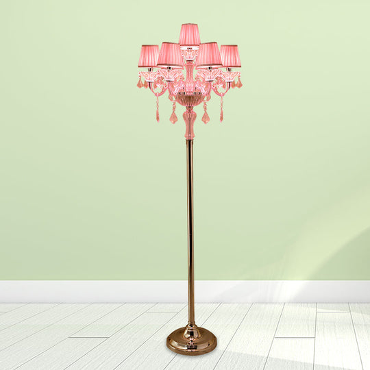 Pleated Lampshade Crystal Pink Floor Reading Lamp With Traditional Candlestick Design - 5/6/7-Head