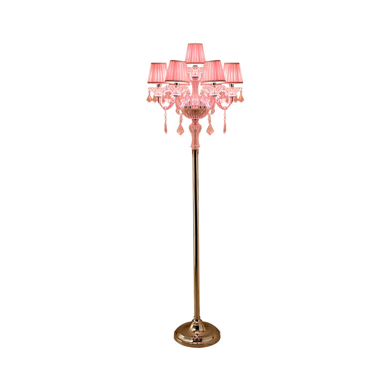 Pleated Lampshade Crystal Pink Floor Reading Lamp With Traditional Candlestick Design - 5/6/7-Head