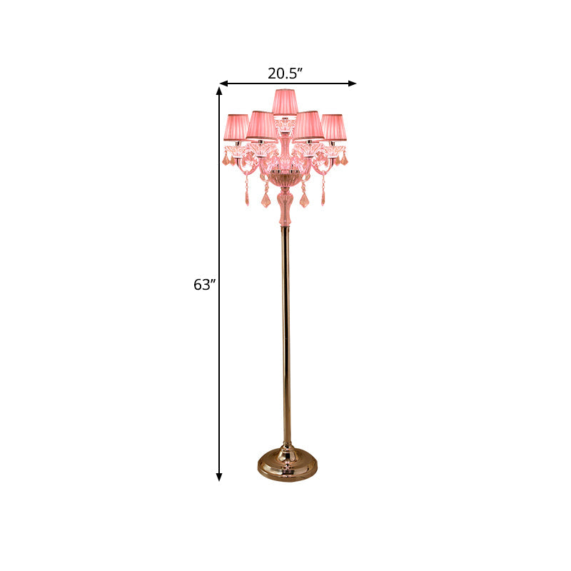 Pleated Lampshade Crystal Pink Floor Reading Lamp With Traditional Candlestick Design - 5/6/7-Head