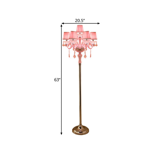 Pleated Lampshade Crystal Pink Floor Reading Lamp With Traditional Candlestick Design - 5/6/7-Head