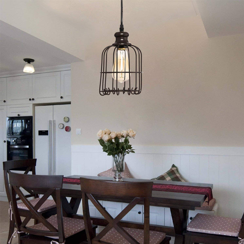 Industrial Glass Single Light Pendant Ceiling With Cage - Black Cylinder Design For Dining Room