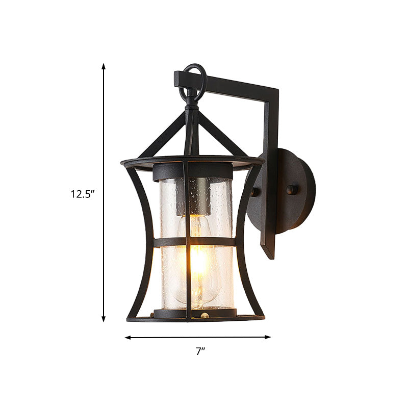 Black Industrial Sconce Light With Clear Glass Cylinder And Rectangle/Round Backplate