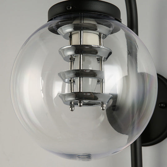 Vintage Black/Stainless-Steel Clear Glass Wall Lamp With Gooseneck For Bedroom - 1-Light Globe