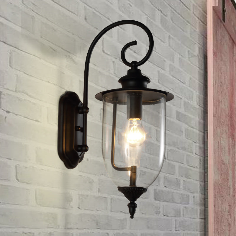 Outdoor Clear Glass Wall Mounted Lamp - Industrial Single Bulb Sconce Light With Curved Arm Black