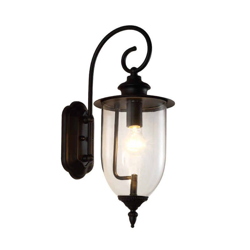 Outdoor Clear Glass Wall Mounted Lamp - Industrial Single Bulb Sconce Light With Curved Arm