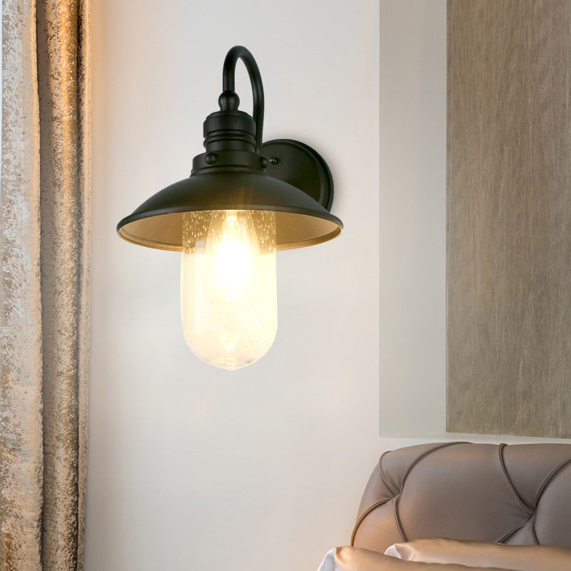 Industrial Black Wall Sconce With Cone/Flared Opal Glass Shade - Entryway Light Fixture / Flared