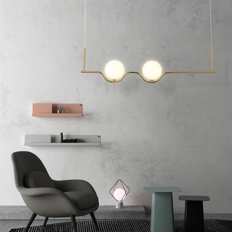 Modern Brass 2-Head Island Pendant With Adjustable Cord - Ball White Glass Shade Living Room Ceiling