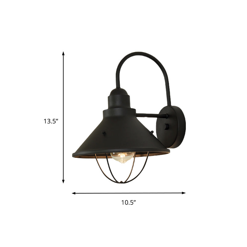 Industrial Black Metal Sconce With Cage And Cone Shade