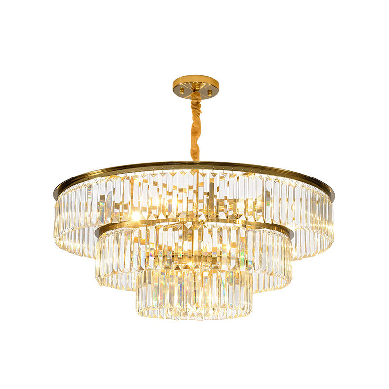 Contemporary Gold Metal Pendant Lamp With Crystal Block - 3-Tier Round Chandelier Light Fixture